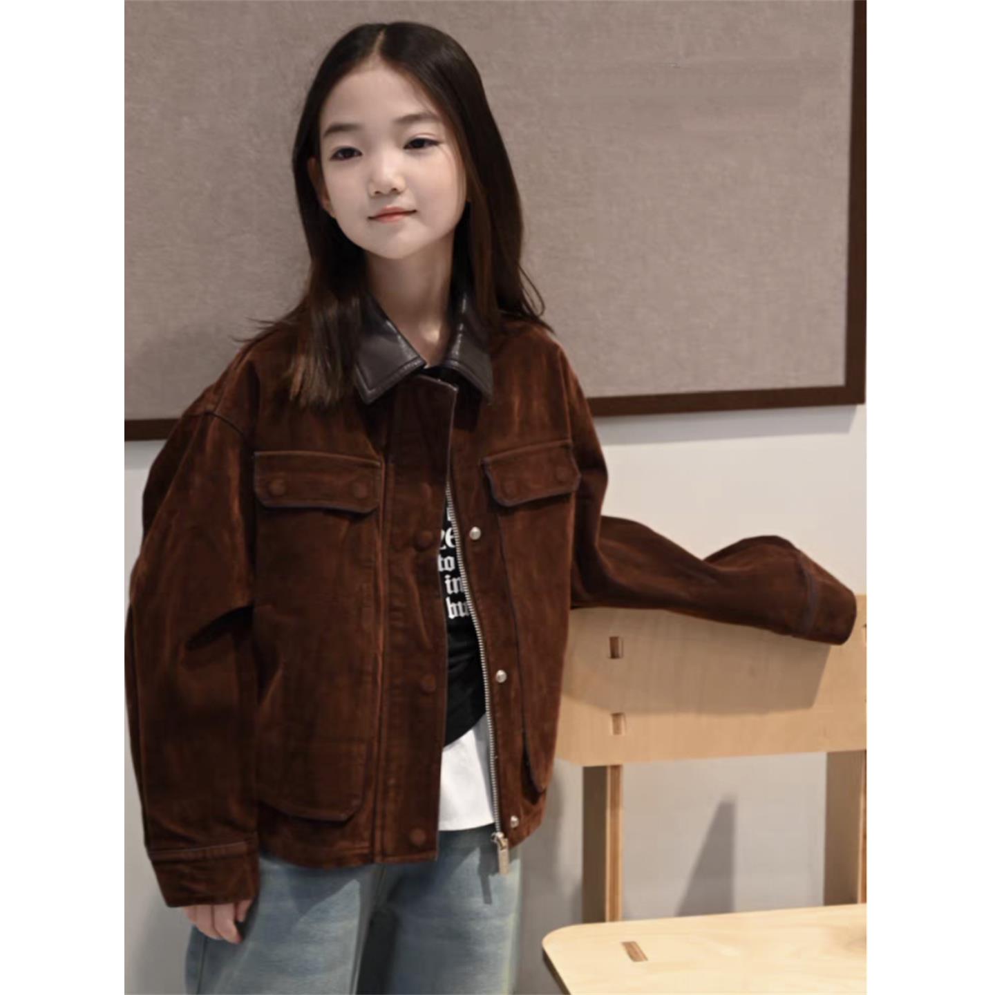 韩版童装春秋新款男女童复古翻领夹克外套潮酷休闲百搭工装风上衣