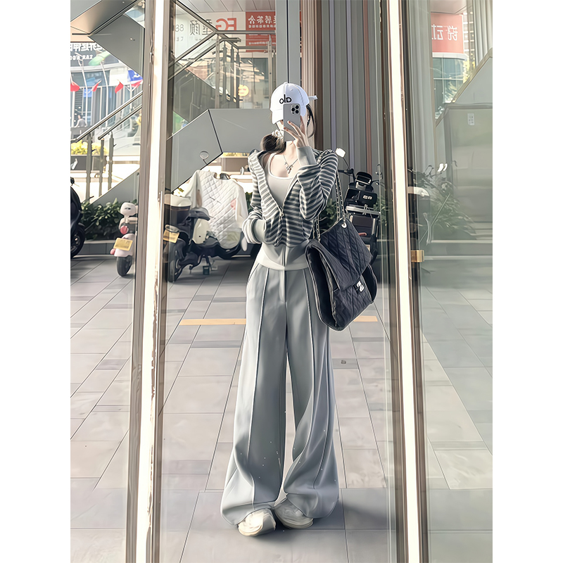 2025新款女士秋季慵懒风撞色条纹连帽长袖卫衣外套高腰宽松阔腿裤
