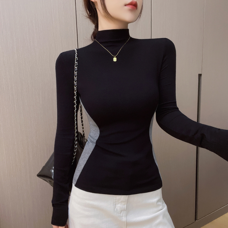轻职风半高领撞色显瘦长袖打底T恤秋冬网红炸街修身百搭女装上衣