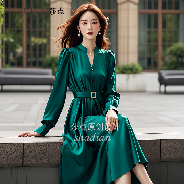 墨绿色连衣裙收腰显瘦高级感缎面高级感法式气质大摆裙中长款
