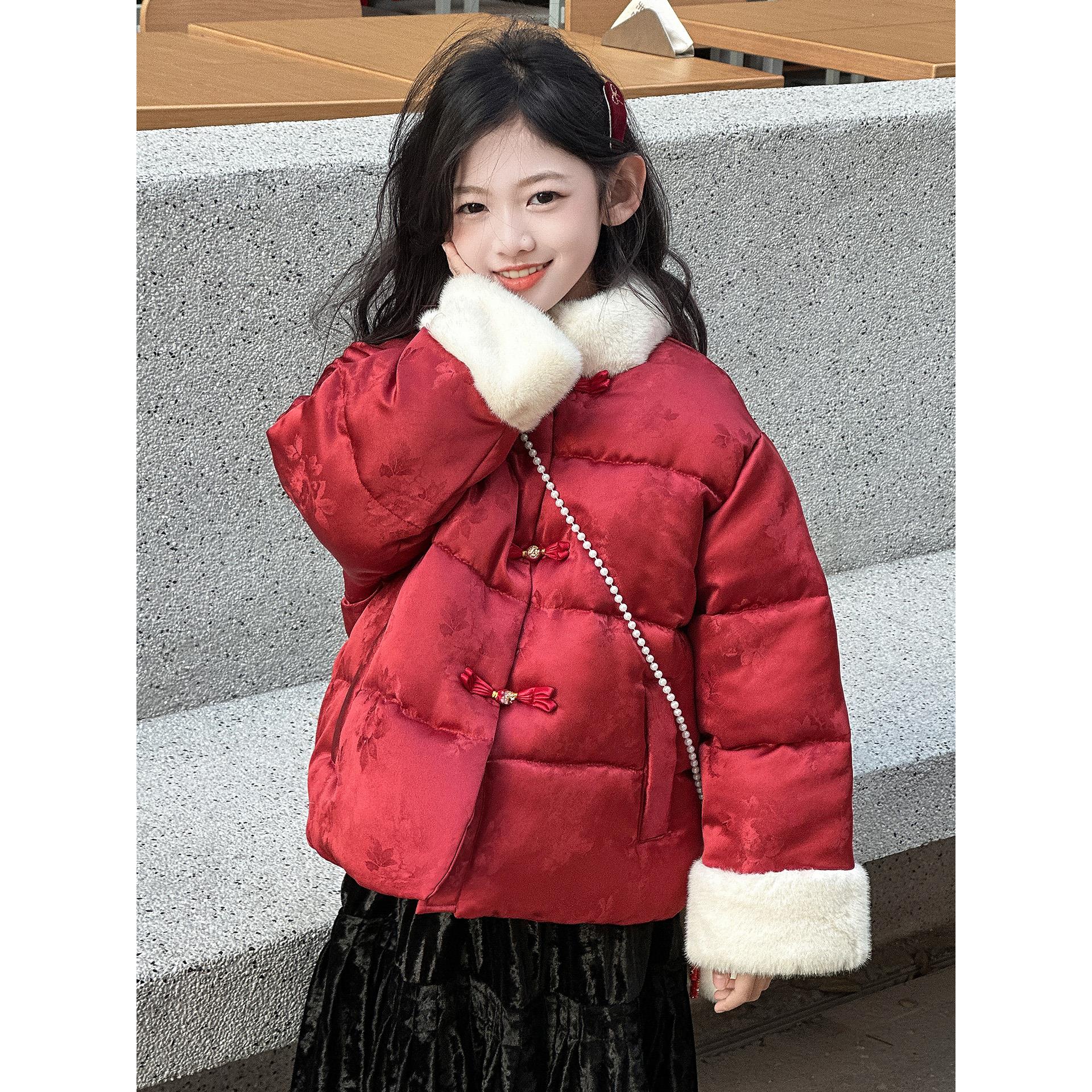 拜年服女童加绒棉服冬季2025新款儿童新中式加厚冬装红色棉衣外套