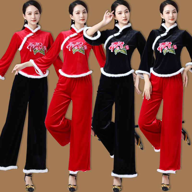 洛神广场舞服装新款套装秋冬加厚刺绣金丝绒舞蹈服民族演出表演服