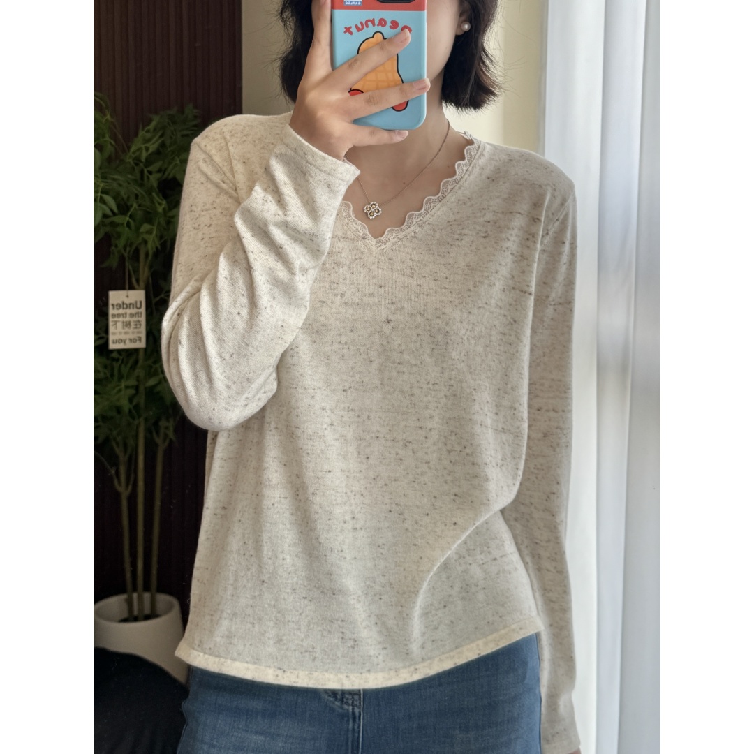 「芝麻蕾丝」V领拼接百搭毛针织衫蕾丝显瘦长袖针织宽松女Q0427