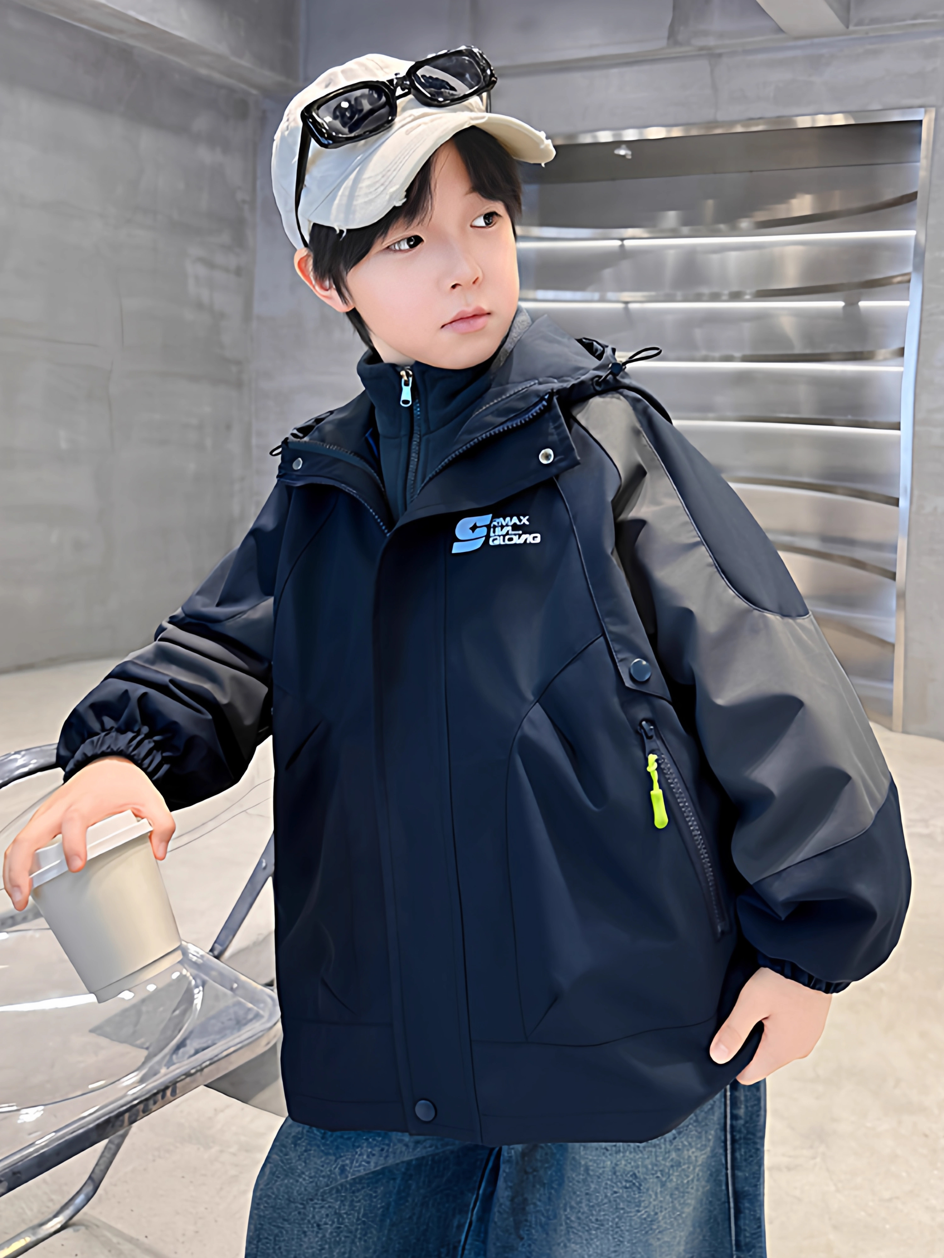 男童三合一可拆卸冲锋衣2025新款儿童外套秋冬中大童风衣加厚痞帅