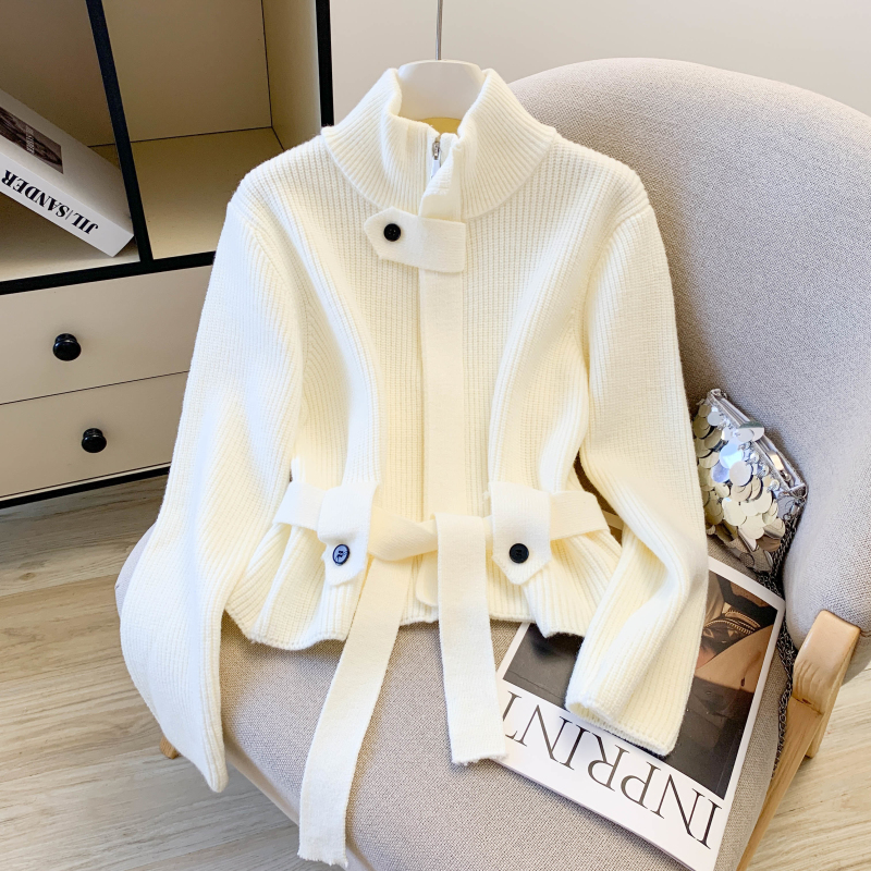 设计感腰带显瘦气质毛衣女士秋冬季新款外穿洋气立领加厚针织开衫