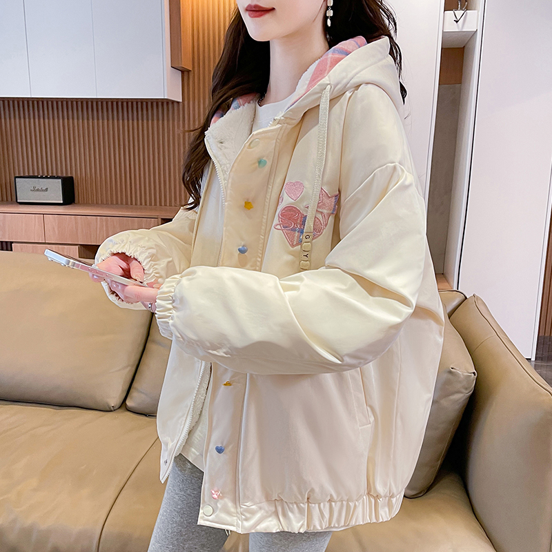 加绒加厚连帽外套少女秋冬2025新款初高中学生宽松保暖冲锋棉衣潮