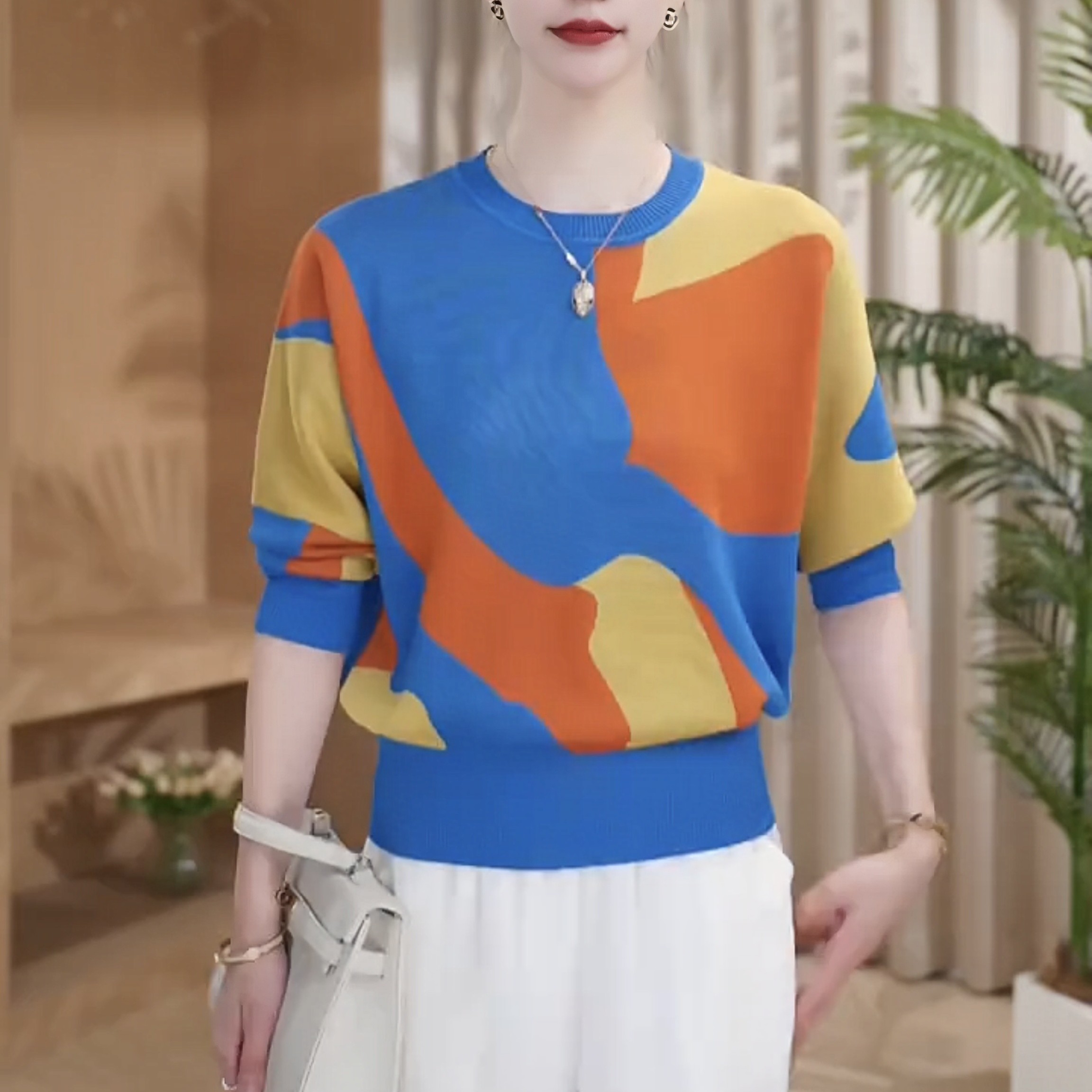 秋季新款时尚拼色提花针织衫宽松显瘦女士毛衣长袖百搭打底衫上衣