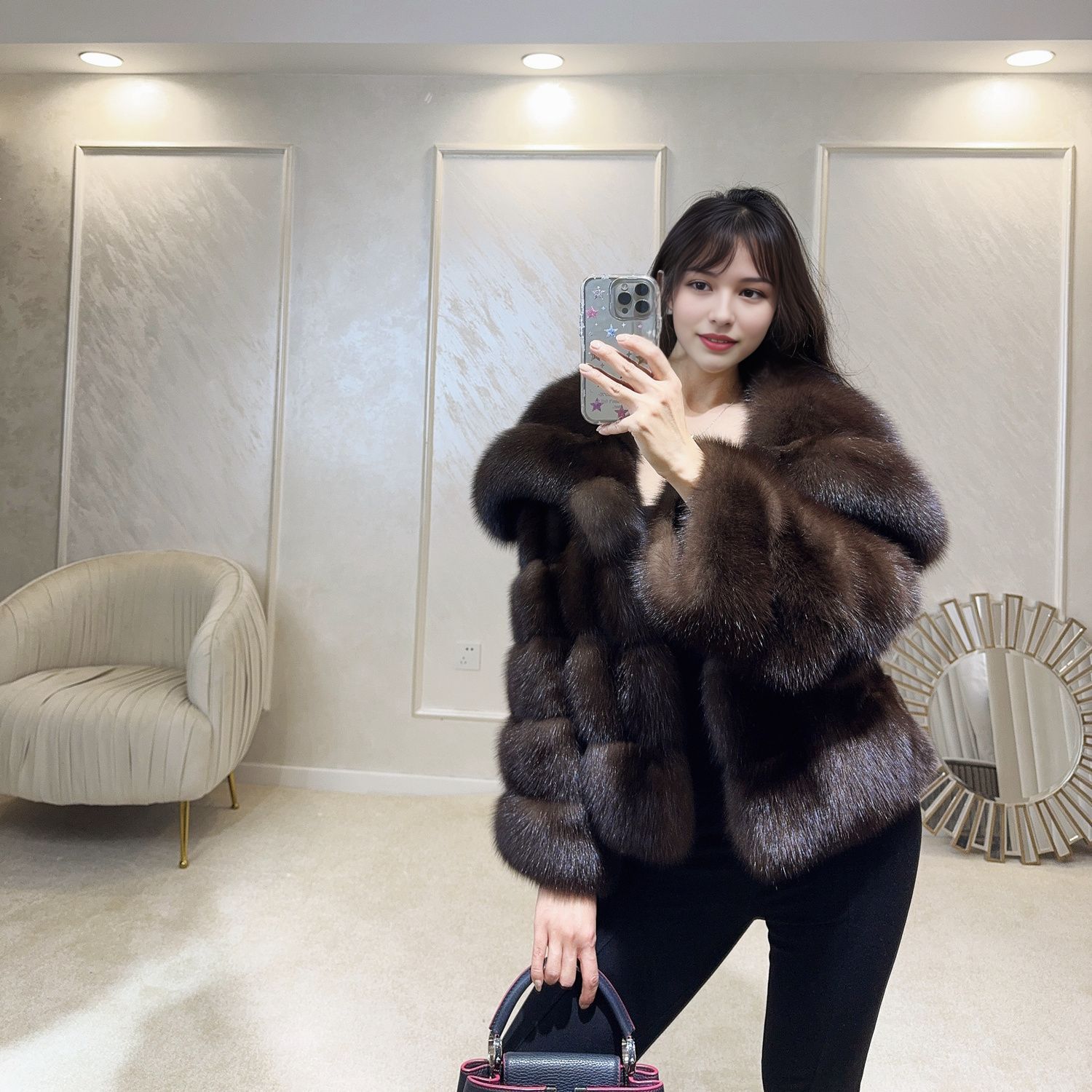 俄罗斯黑金农夫貂经典毛毛皮草外套女秋冬时尚新款大翻领女款大衣