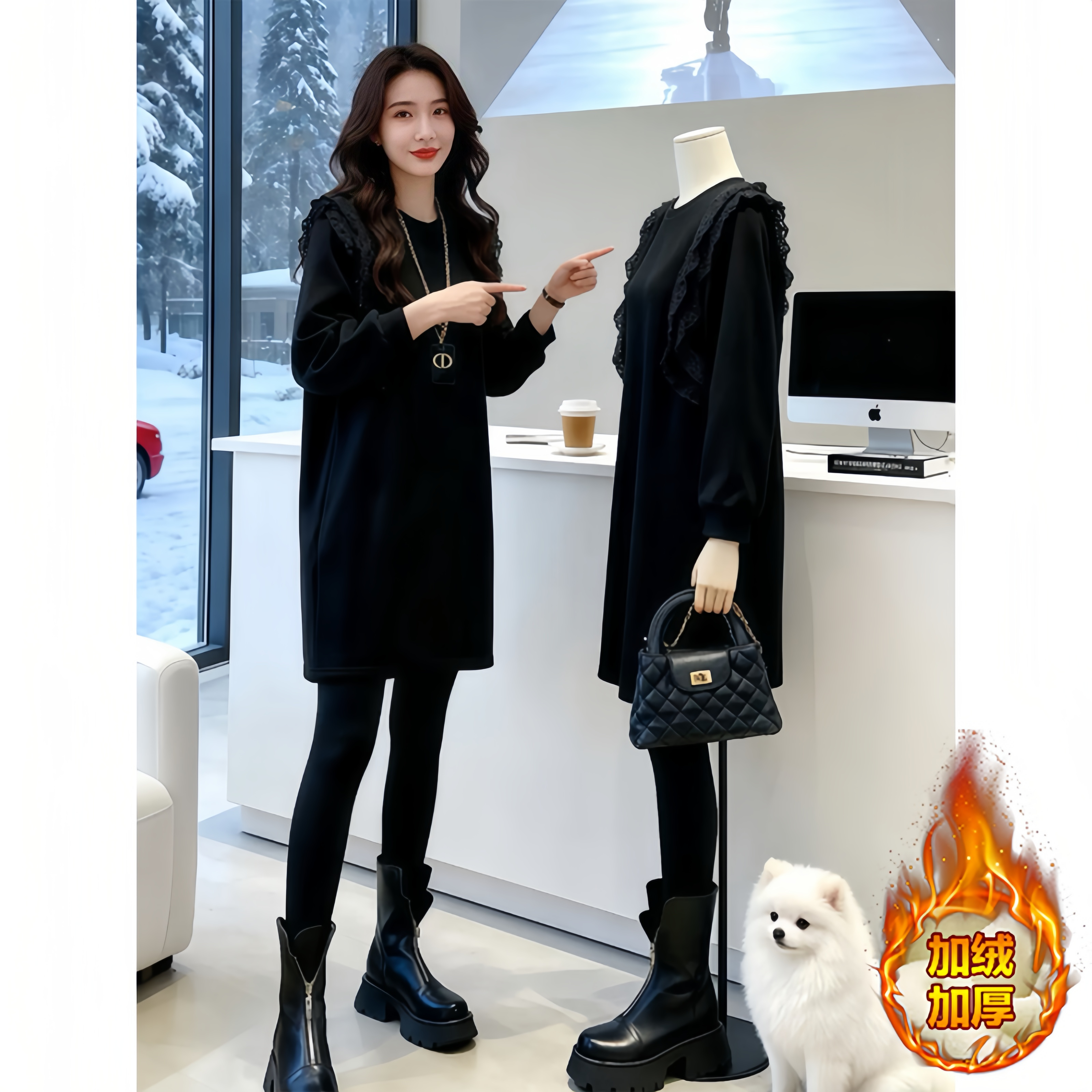 靓雅女【平安喜乐】秋冬季新款中长款拼接卫衣女士时尚洋气长袖上衣