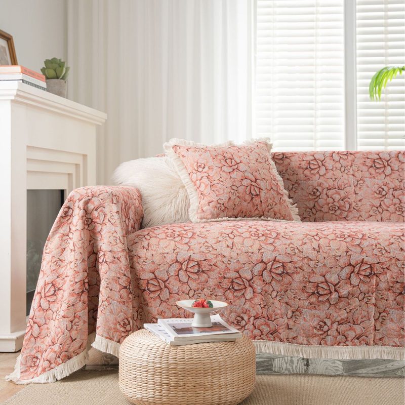 提花布艺沙发巾防猫抓复古粉色多肉厚实沙发盖毯全盖沙发布加厚