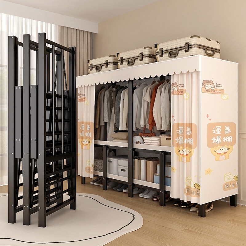 可折叠免安装金属简易布衣柜出租房家用卧室收纳柜货架式衣橱加固