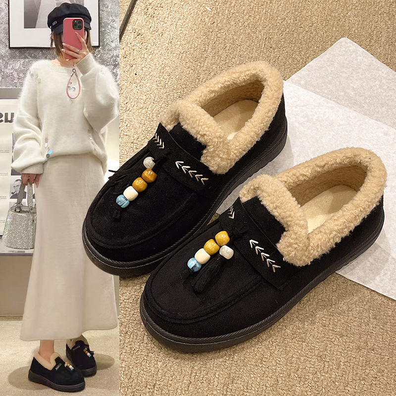 2025冬季新款女棉鞋加绒加厚保暖一脚蹬蝴蝶结学生鞋平底防滑棉鞋