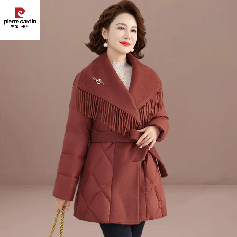 皮尔卡丹时尚妈妈冬装流苏大翻领羽绒棉服秋冬新款高级感毛呢拼接