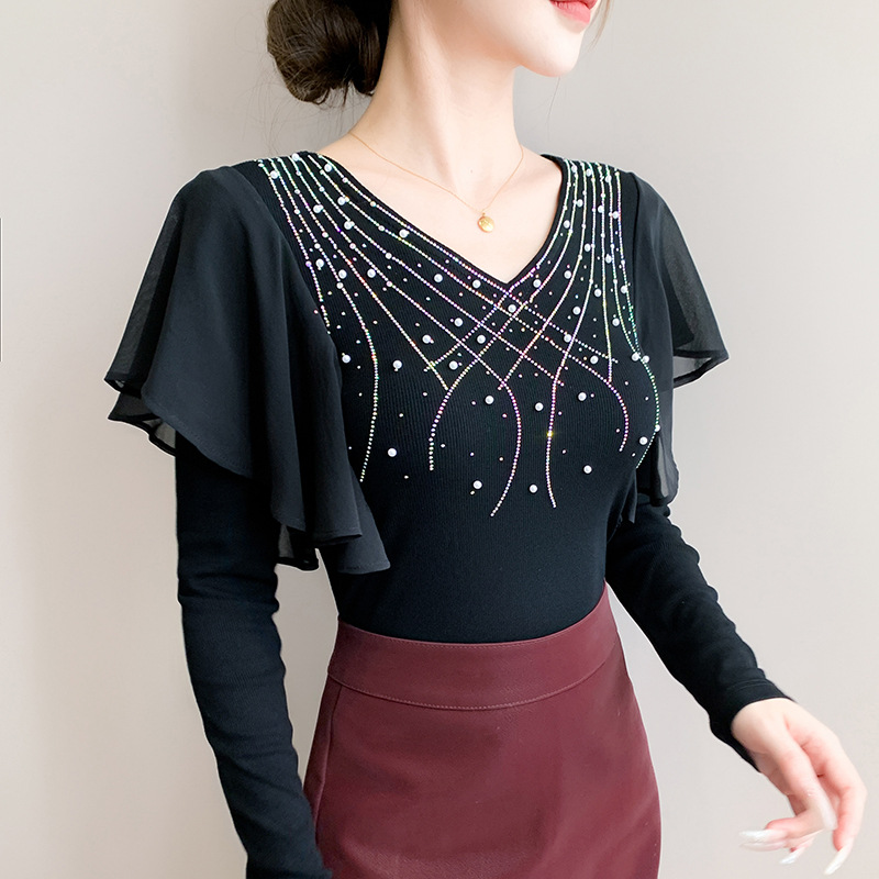 新款高端钉珠镶钻洋气跳舞上衣女荷叶边气质广场舞服百搭小衫潮