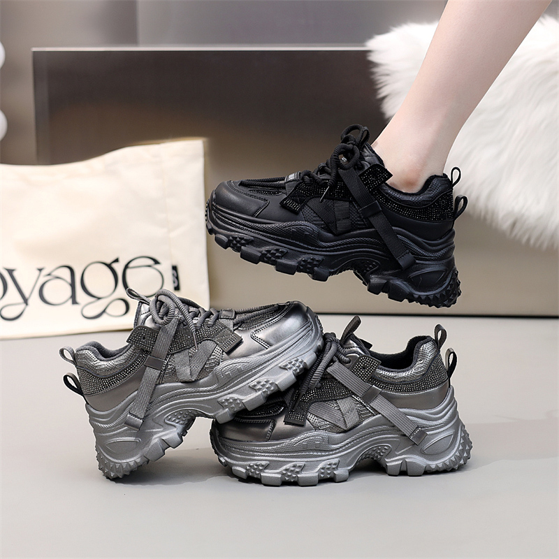 黑色老爹鞋女2025新款秋冬加绒保暖厚底增高防滑软底休闲运动鞋潮