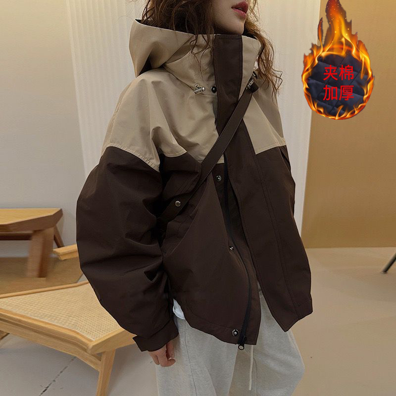 冲锋衣连帽工装韩版撞色拼接棉服派克服夹克女外套ins风2025新款