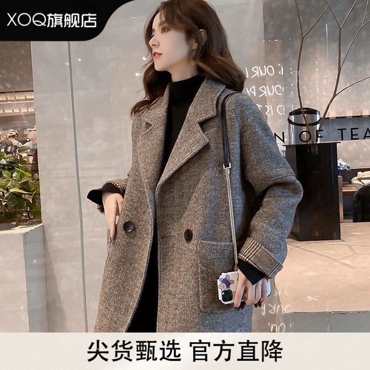 XOQ官方韩版英伦风休闲西装外套秋冬胖mm宽松显瘦外搭毛呢小西服