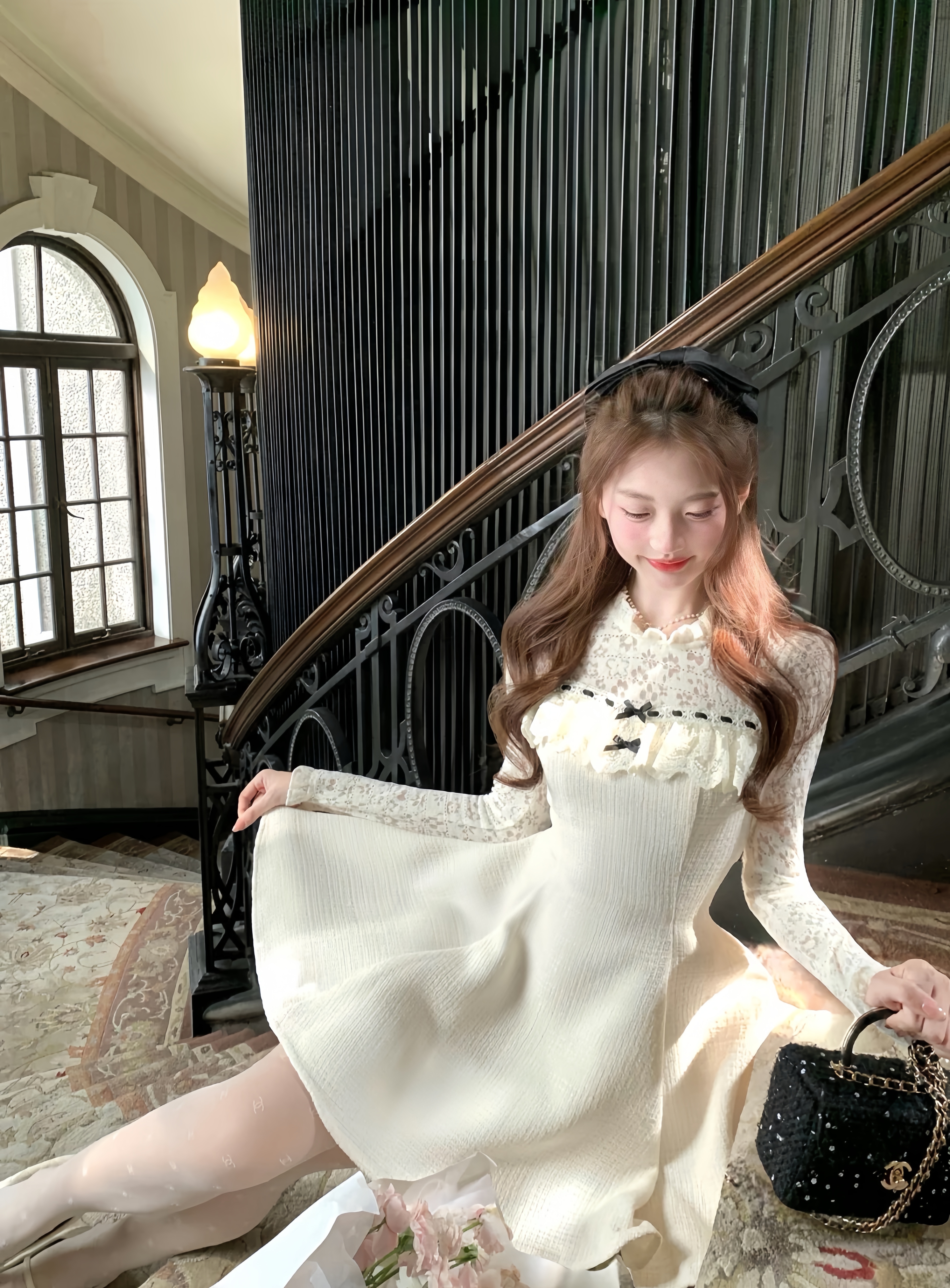 【雪绒香榭】秋冬新款纯欲千金感小香风拼接蕾丝花边精致年会连衣裙