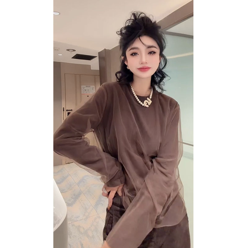 欧洲站2025秋冬新款欧货别致长袖圆领轻熟风拼接蕾丝T恤静奢风潮