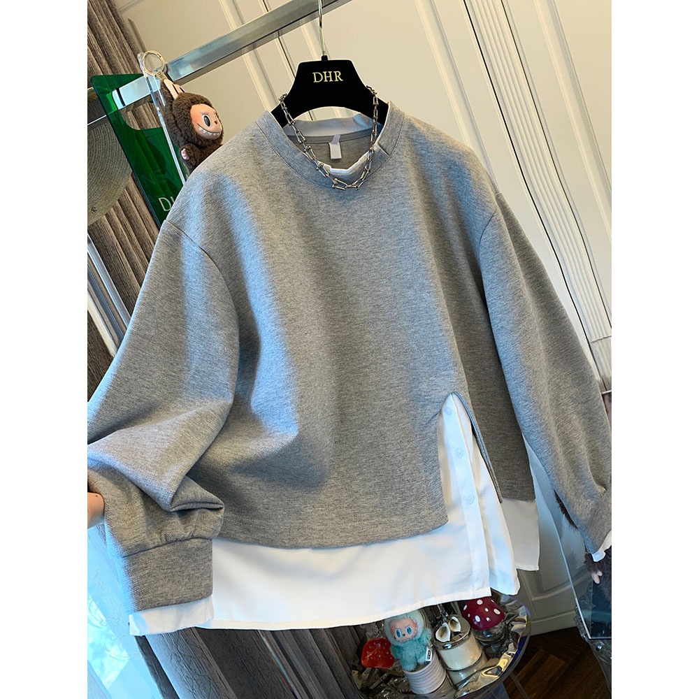 胖妹妹240斤大码独特灰色开叉拼接假两件卫衣宽松上衣女秋装新款