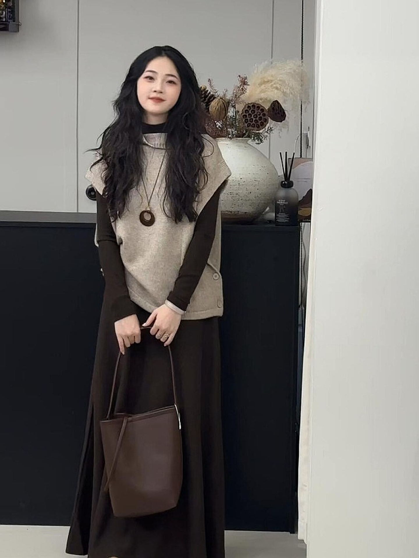 巨好看的秋装一整套独特漂亮韩系小香风针织马甲半身裙三件套装女