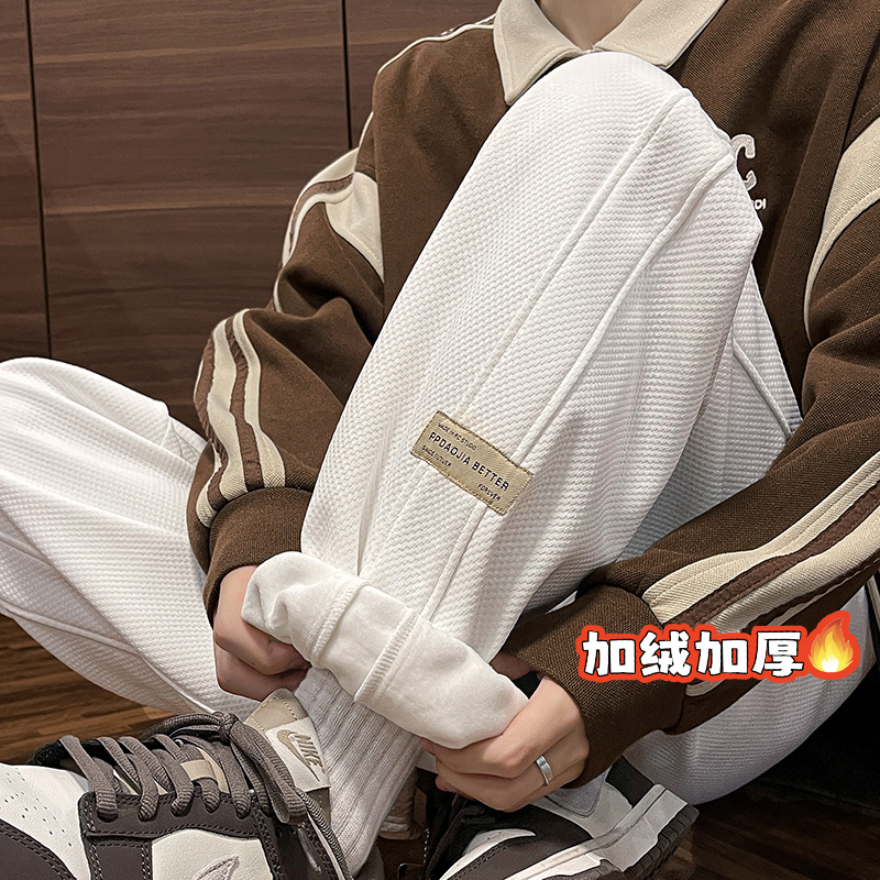 加绒加厚菠萝纹束脚卫裤男士秋冬季装大码青少年保暖休闲运动裤潮