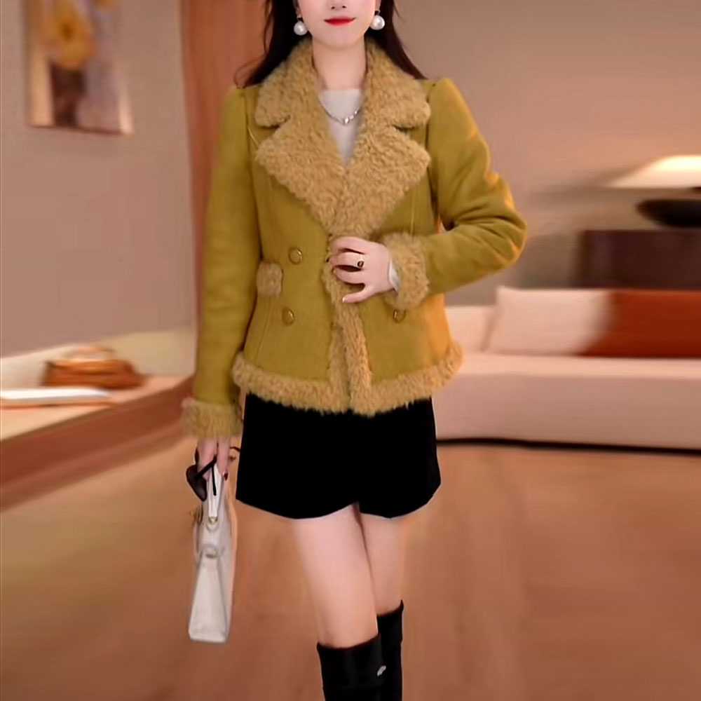 气质翻皮绒加绒加厚短外套2025秋冬新款修身保暖时尚洋气毛呢外套