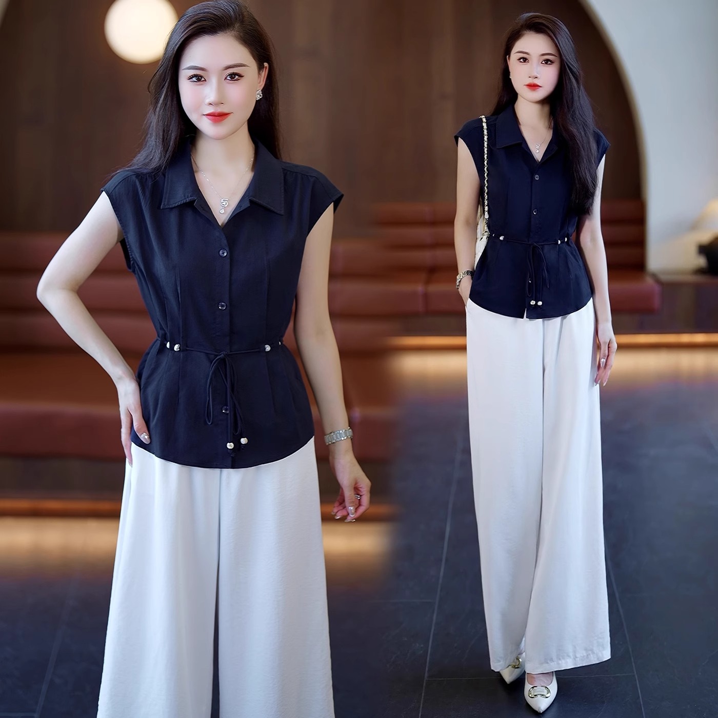 小众不撞款收腰爆款时尚套装女2025夏季高级气质衬衫阔腿裤两件套