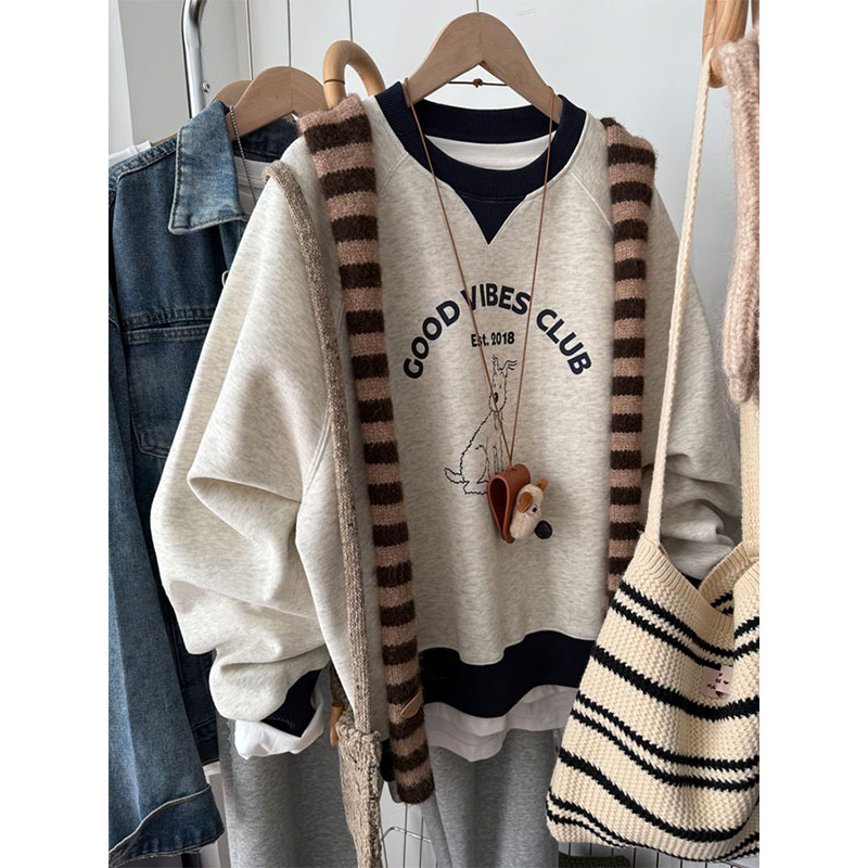 撞色拼接加绒卫衣女2025新款爆款小个子宽松慵懒风胖mm大码上衣