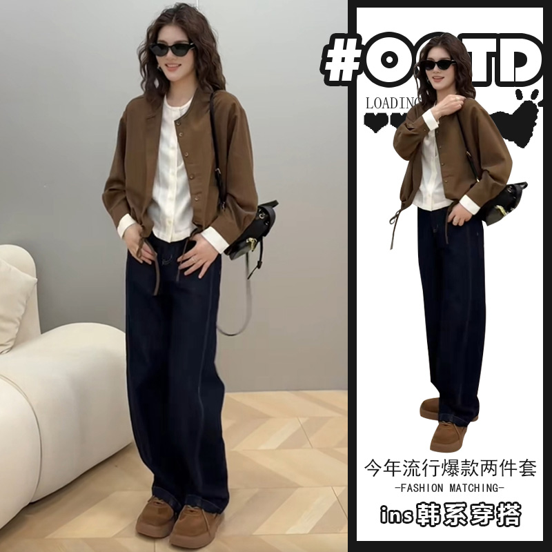 设计感独特气质假两件上衣+高腰宽松显瘦牛仔裤可甜可盐炸街套装