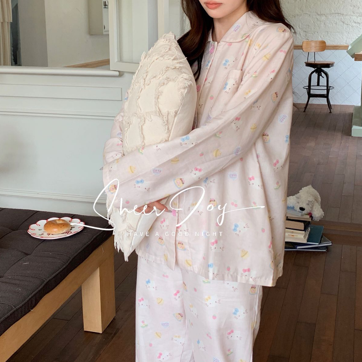 双层纱长袖长裤可爱风女款四季空调屋睡衣家居服