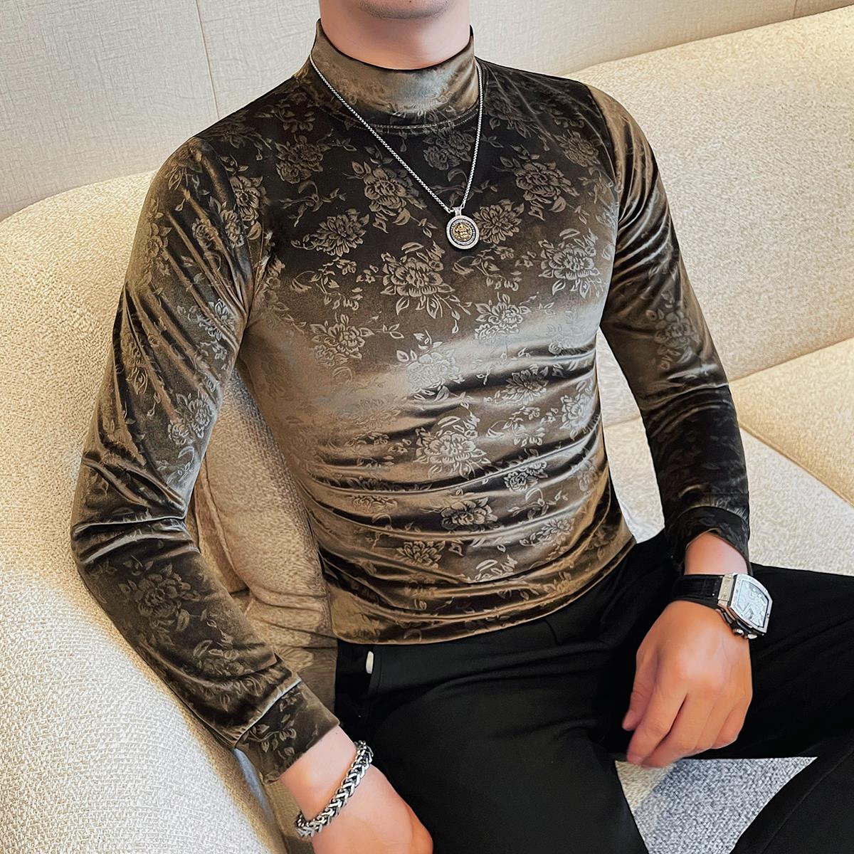 绒布压花半高领长袖t恤男秋冬季厚款潮流修身高级感中领打底体恤