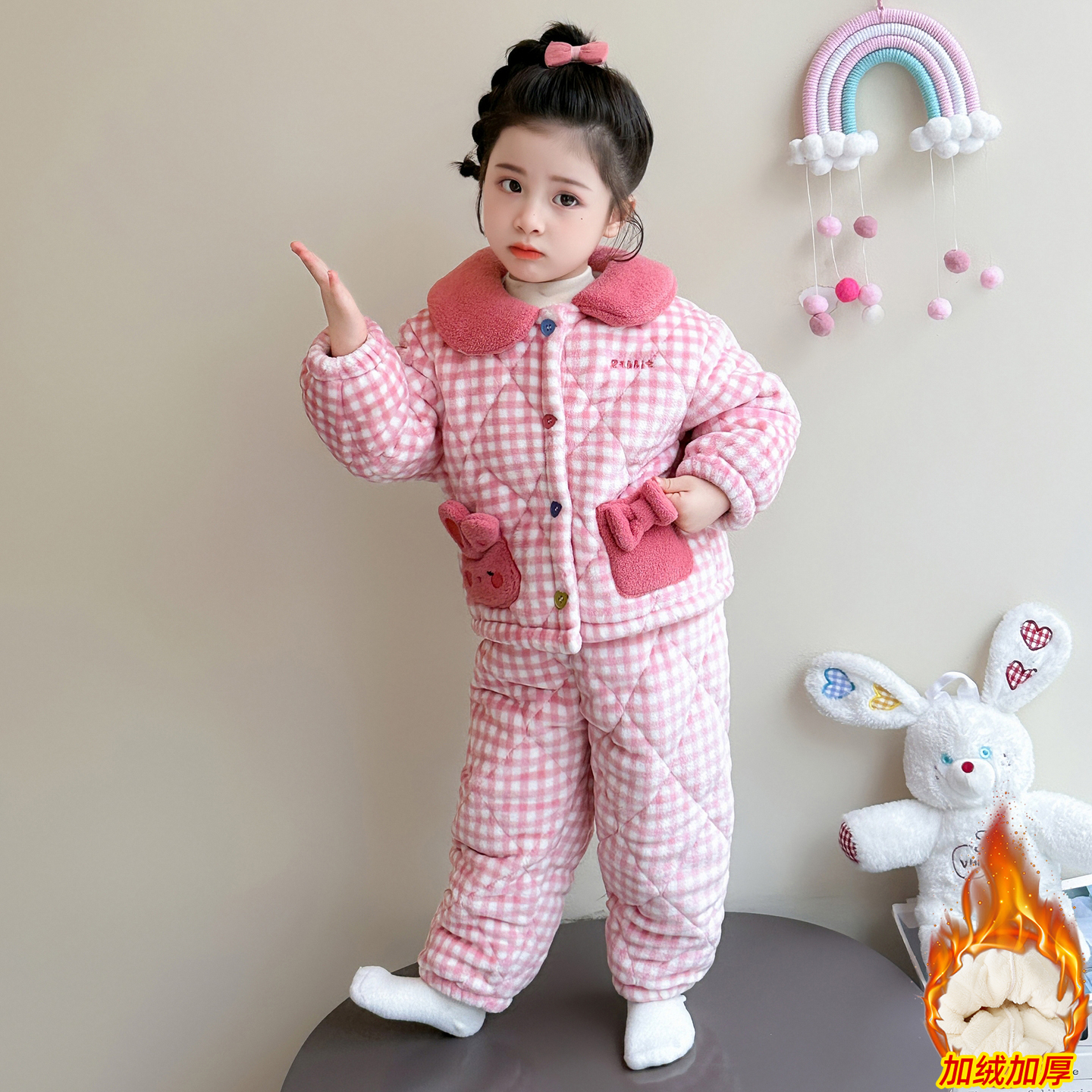 儿童珊瑚绒睡衣女童冬季三层夹棉女宝宝加绒加厚法兰绒女孩家居服