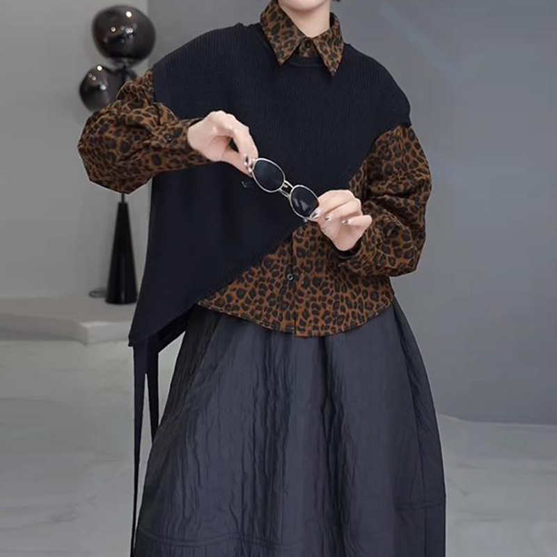 高级气质秋季时髦潮流洋气女秋季复古豹纹衬衫披肩百搭时髦套装