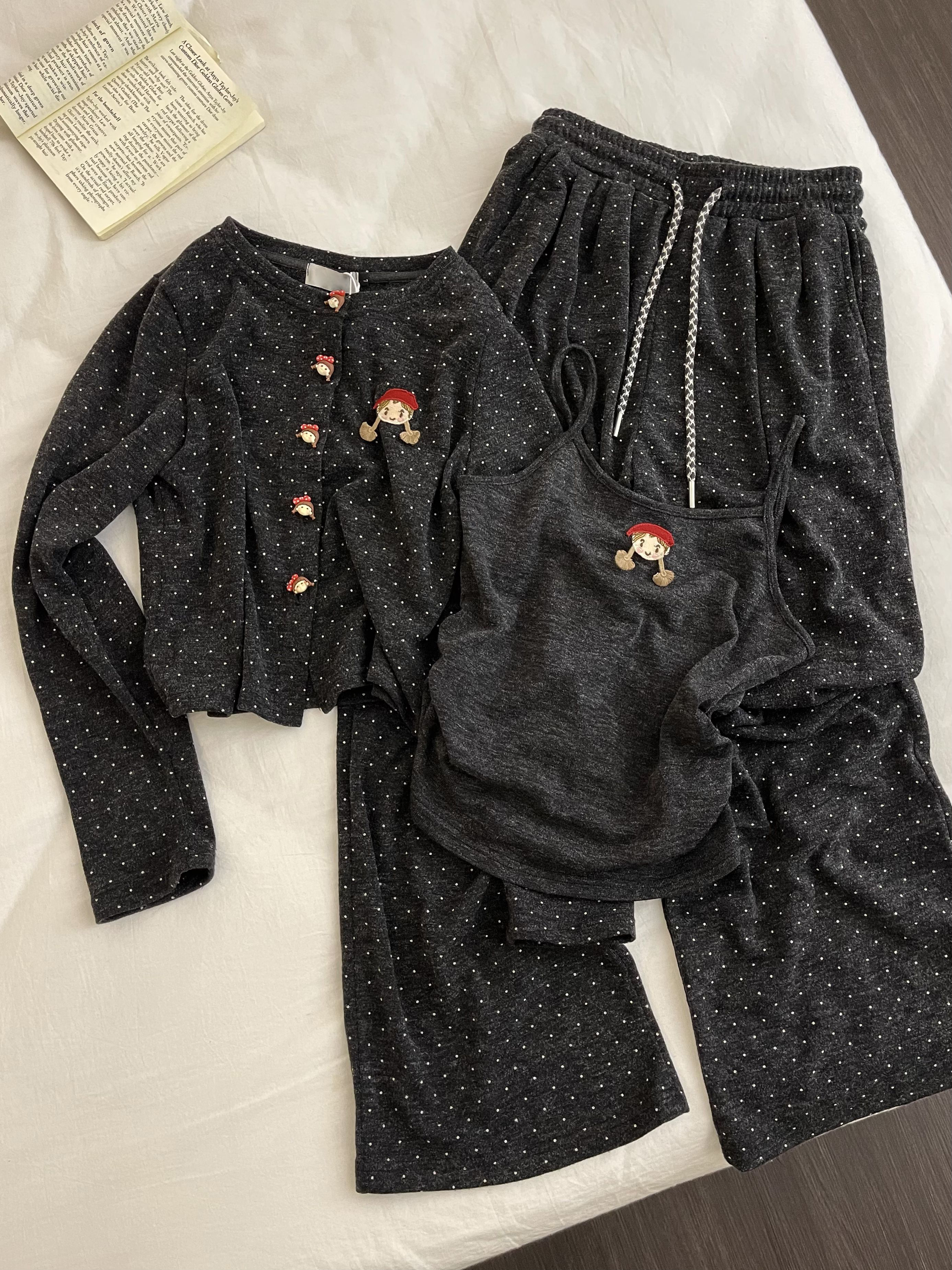 【DMXJ大梦想家】可爱小红帽睡衣女款三件套秋冬波点开衫外套家居服