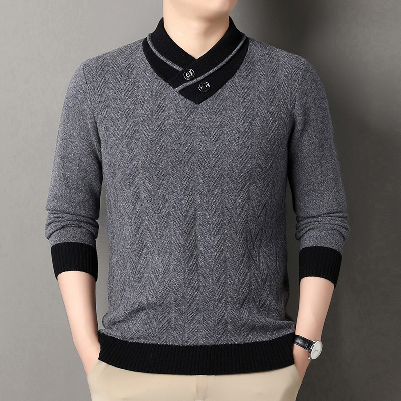 【专柜正品】大牌冬季纯羊毛衫男士V领时尚加厚保暖休闲针织打底衫
