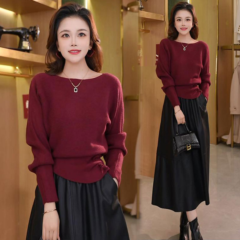 拉夏贝尔套装裙女2025秋季新款洋气蝙蝠袖针织衫皮半身裙两件套裙