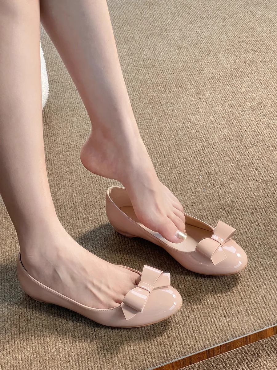 夏日不累脚小单鞋女脚宽脚胖圆头浅口温柔晚晚鞋蝴蝶结平底