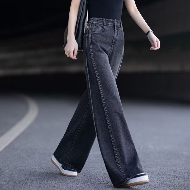 黑灰色牛仔裤女2025新款春秋裤子宽松显瘦直筒裤高腰阔腿裤长裤女