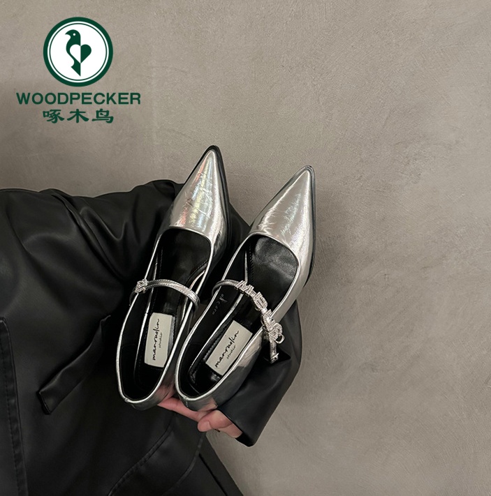 啄木鸟粗跟尖头银色单鞋女2025新款春秋夏配裙子方跟玛丽珍小皮鞋
