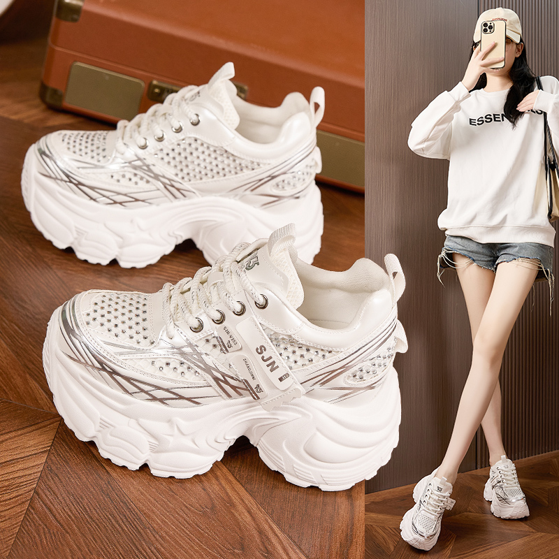 水钻小个子老爹鞋女内增高9cm高跟新款秋厚底松糕休闲运动鞋显高