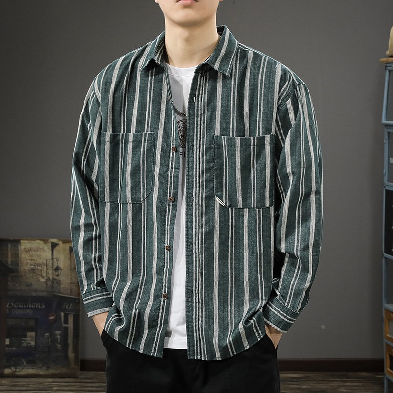 春秋季高级感复古水洗经典条纹衬衫男日系工装衬衣外套翻领夹克