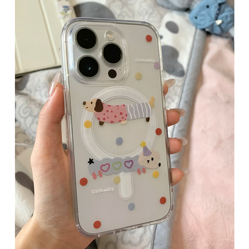 彩色波点腊肠狗适用苹果16promax手机壳iPhone13/15透明11磁吸14