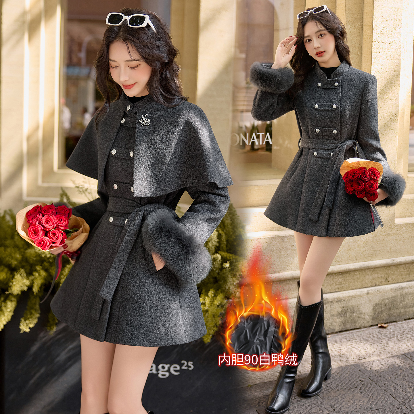 小香风狐狸毛拼接毛呢羽绒服女2025冬季新款富家千金风白鸭绒外套