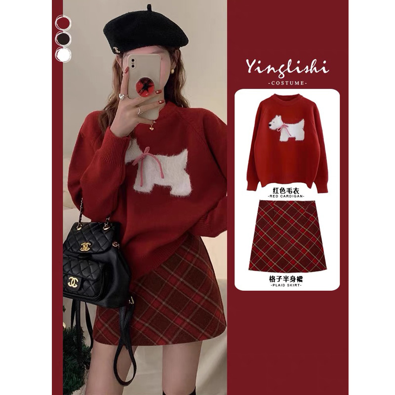 超好看小个子穿搭一整套女秋冬本命年圣诞红色毛衣格子短裙两件套