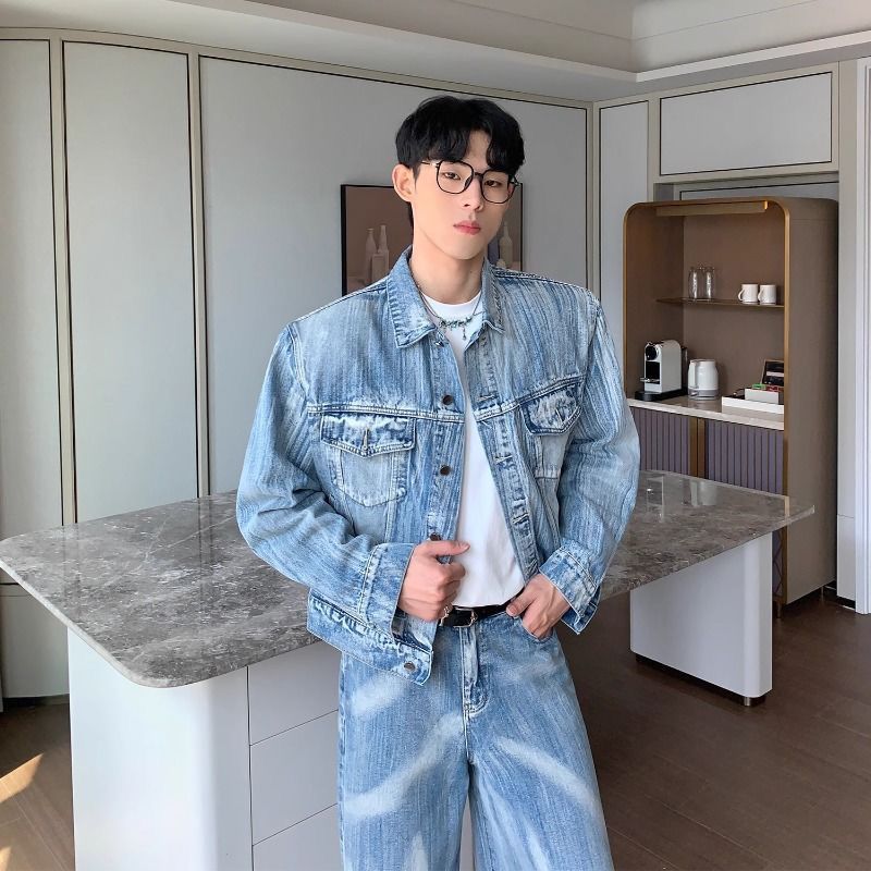 韩版长裤做旧解构短款牛仔夹克套装男休闲风扎染街头宽松牛仔潮牌