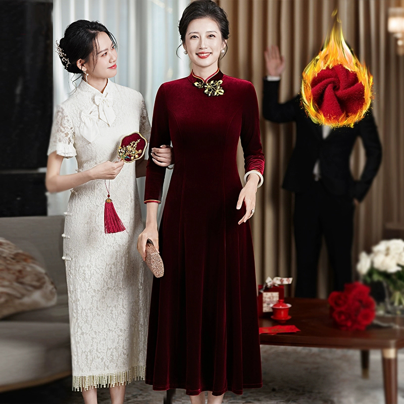 高端气质改良旗袍喜婆婆妈妈礼服金丝绒高贵连衣裙秋冬婚庆长裙