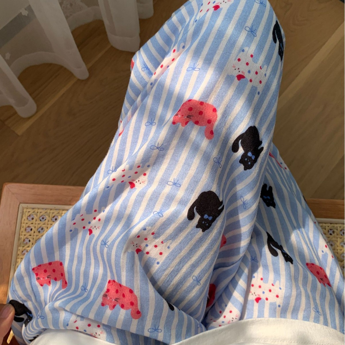 女士夏季新款可爱卡通条纹双层纱布睡裤可外穿居家休闲