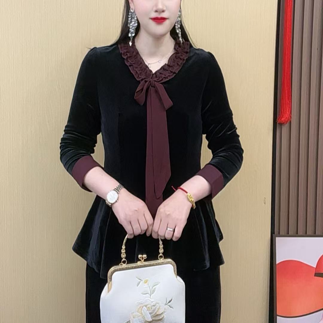 2025春季新款时尚气质妈妈小衫遮肉显瘦舒适丝绒飘带减龄打底衫女