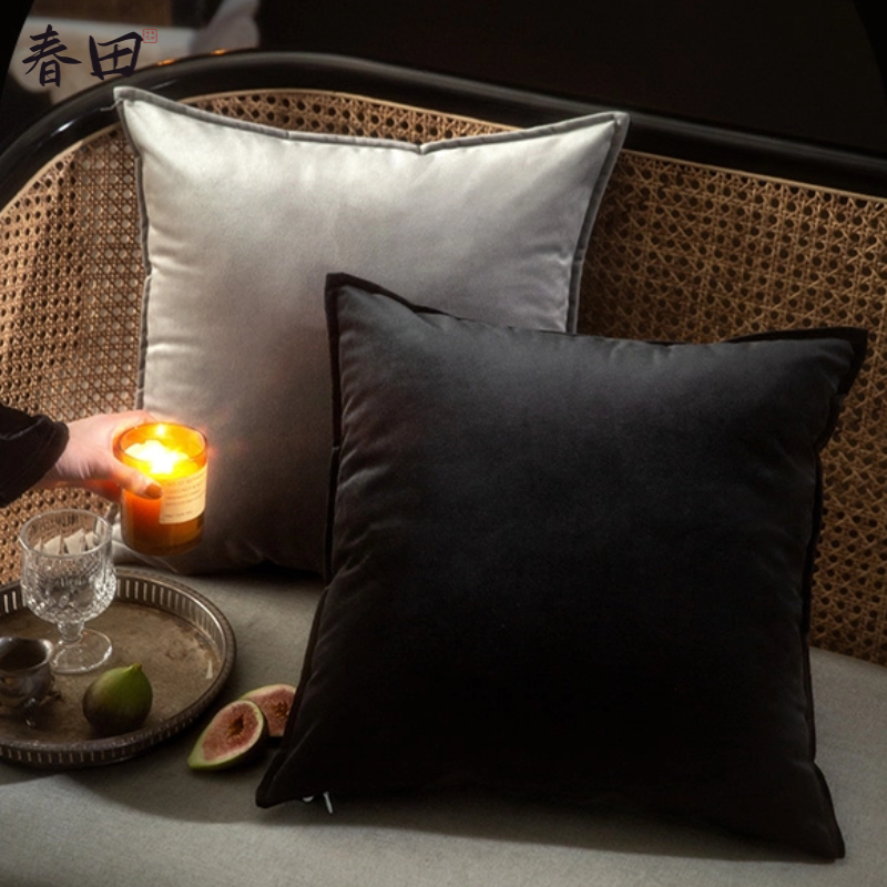 黑白灰色丝绒方抱枕沙发客厅高级感纯色轻奢靠背垫床头办公室靠枕
